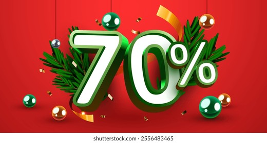 70 percent Off. Discount creative composition. Merry Christmas and Happy New Year. Sale banner and poster. Vector illustration.