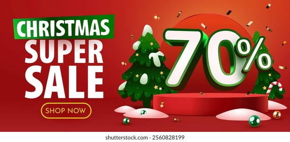 70 percent Off. Discount creative composition. Merry Christmas and Happy New Year. Sale banner and poster. Vector illustration.