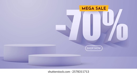 70 percent Off. Discount creative composition. Product presentation, mock up, podium. Sale banner and poster. Vector illustration.