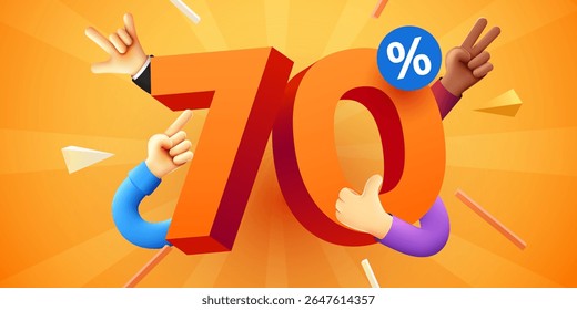 70% de desconto. Desconto composição criativa. Apresentação do produto, maquete, pódio. Banner e cartaz de venda. Ilustração vetorial.