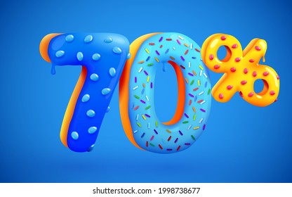 70 percent Off. Discount dessert composition. 3d mega sale 70% symbol with flying sweet donut numbers. Sale banner or poster. Vector illustration