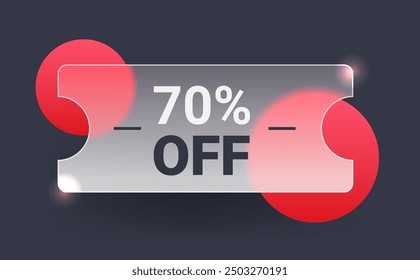 70 percent off discount glass morphism voucher on dark background. Sale ticket vector template
