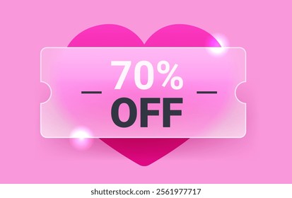 70 percent off discount glass morphism voucher with big heart on pink. Love sale ticket vector template