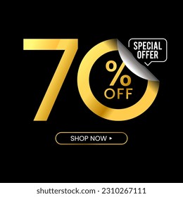 70 Percent Off Discount. Golden Numbers With Percent Sign And Unique Zeros In Black Background. Special Offer. Vector Illustration