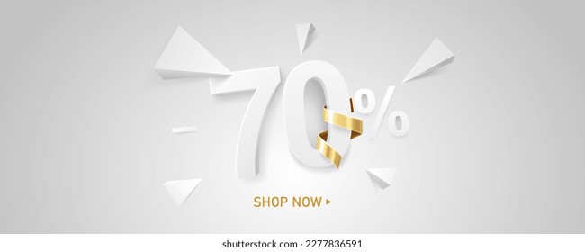 70 Percent off discount sale background. White 3D number with percent sign and golden ribbon. Promotion template design.