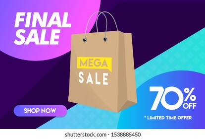 70 percent off Final Sale Shopping bag Colorful Mega Discount sale minimal gradient vector illustration banner