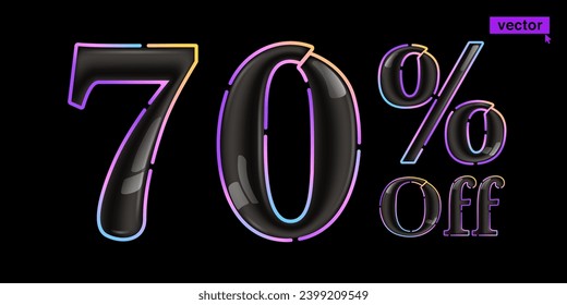 70% percent OFF glossy black lettering with vivid neon lines. Rainbow gradient 3D badge for Super Sale banner. Colorful vector emblem for Special Price design, Discount Offer labels, Coupon Template.