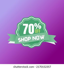 70% percent off, Green banner with purple background, and online super discount design, in Vector Illustration, (shop now)
