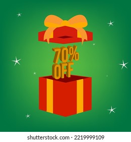 70 percent off. Green banner with 10% off in 3d between a gift box for Christmas promotions and offers.