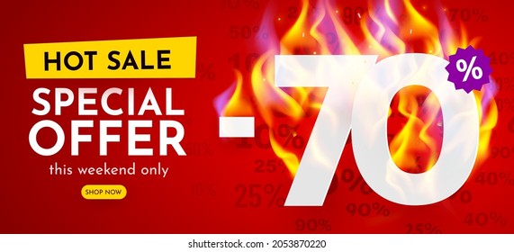 70 percent Off. Hot sale banner with burning numbers. Discount poster. Vector illustration