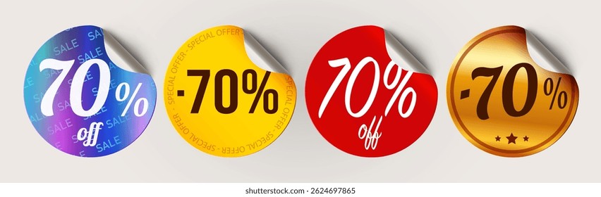 70 percent off label Set. Sale, Special Offer, Flash sale. Shopping labels. Curled stickers on White Background. Vector illustration
