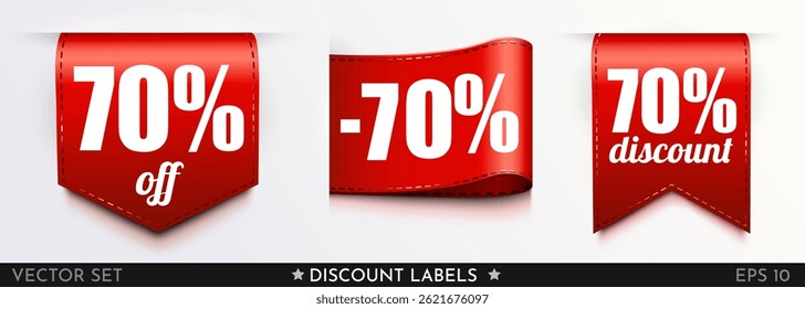 70 percent off. Ribbon sale tag. Red percentage label. Vector illustration