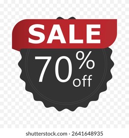 70 percent off sale badge. Black sticker with red ribbon and bold discount text on transparent background. Vector illustration for promotion, e-commerce, and advertising.