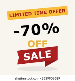 70 percent off sale banner. Limited time offer message with bold discount in red and black. Vector illustration for promotion, e-commerce and marketing.