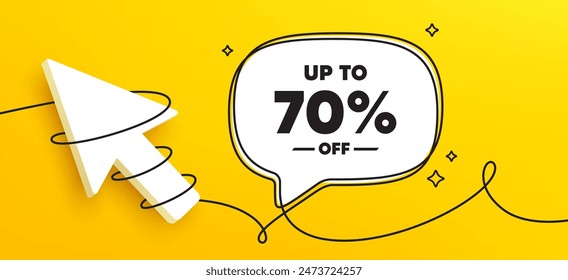 Up to 70 percent off sale. Continuous line chat banner. Discount offer price sign. Special offer symbol. Save 70 percentages. Discount tag speech bubble message. Wrapped 3d cursor icon. Vector