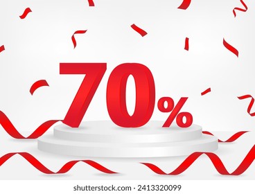 70% or 70 Percent Off Sale Discount on Stage Podium with Ribbon and Confetti. 70% Sale Discount or Commission. Vector Illustration.