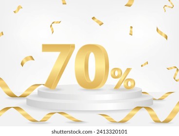 70% or 70 Percent Off Sale Discount on Stage Podium with Ribbon and Confetti. 70% Sale Discount or Commission. Vector Illustration.