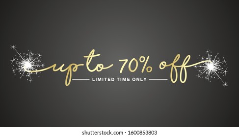 70 percent off sale handwritten lettering tipography sparkle firework gold white black sticker banner