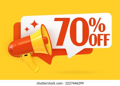 70 percent off sale label template. Speech bubble with quote and megaphone design for sale advertisement vector illustration. Price cut discount offer sign. Special offer symbol. Save 70 percentage