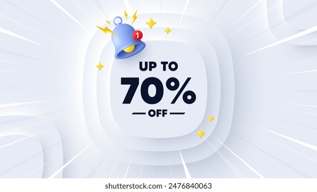 Up to 70 percent off sale. Neumorphic banner with sunburst. Discount offer price sign. Special offer symbol. Save 70 percentages. Discount tag message. Banner with 3d reminder bell. Vector