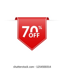 70 percent off. Sale tag ribbon or pennant. Price off and discount badge. Vector illustration.