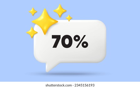 70 percent off sale tag. 3d speech bubble banner with stars. Discount offer price sign. Special offer symbol. Discount chat speech message. 3d offer talk box. Vector