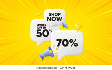 70 percent off sale tag. 3d offer chat speech bubbles. Discount offer price sign. Special offer symbol. Discount speech bubble 3d message. Talk box megaphone banner. Vector