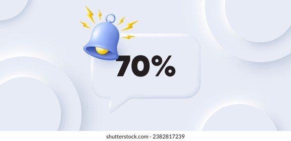 70 percent off sale tag. Neumorphic background with chat speech bubble. Discount offer price sign. Special offer symbol. Discount speech message. Banner with bell. Vector