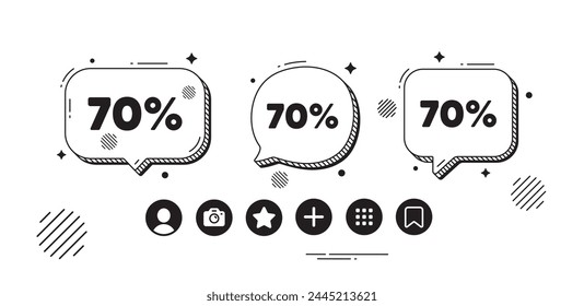 70 percent off sale tag. Speech bubble offer icons. Discount offer price sign. Special offer symbol. Discount chat text box. Social media icons. Speech bubble text balloon. Vector