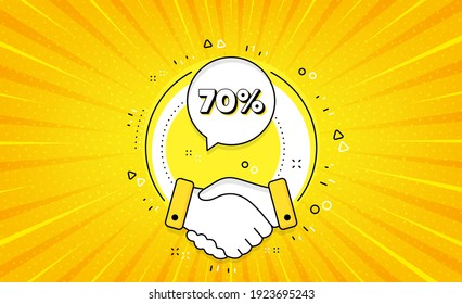 70 percent off Sale. Yellow vector button with handshake. Discount offer price sign. Special offer symbol. Discount line icon. Abstract yellow background. Vector