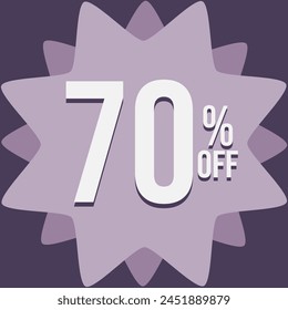 70 percent off in white, in a light pink format with a dark purple background