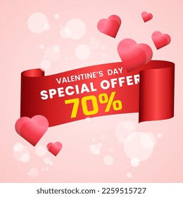 70 por ciento rosado, pastel elegante de valentinas de la cinta de conceptos plantilla de banner de venta, para el Día de San Valentín con una cinta rojiza realista de desplazamiento y brillantes corazones rojos. Ilustración del vector