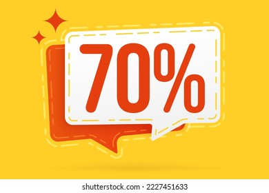 70 percent promo label design. Sale sticker template. Speech bubble design and number percentage text vector illustration. Advertisement, marketing and commerce concept. Wholesale promotion