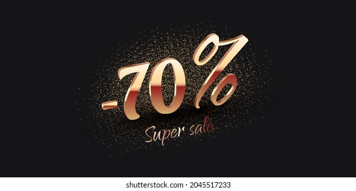 70 Percent Salling Background with golden shiny numbers on black. Super sale text. Black friday or new year discount design template