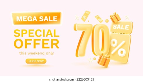 70 percent Special offer mega sale, Check and gift box. Sale banner and poster. Vector illustration.
