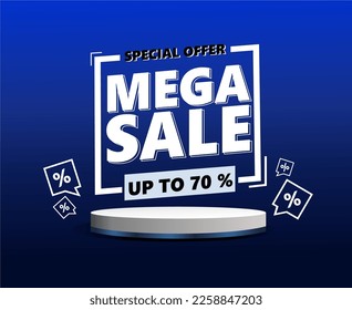 up to 70 percent special offer mega sale banner with podium on blue background