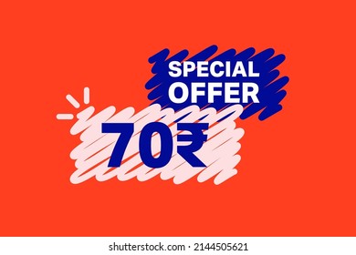 70 Rupee OFF Sale Discount banner shape template. Super Sale 70 Indian rupee Special offer badge end of the season sale coupon bubble icon. Discount offer price tag vector illustration.