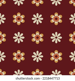 Patrón sin fisuras de los años 70. Fondo de flores retro geométrico sin costura en estilo años setenta. Papel Groovy de libro de recortes. Patrón vectorial de colores amarillos, beige, marrón