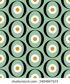70 s seamless pattern. Retro circle seamless background in seventies style. Groovy scrapbook paper. Yellow, orange, black vintage colors vector pattern.