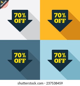 70% sale arrow tag sign icon. Discount symbol. Special offer label. Four squares. Colored Flat design buttons. Vector