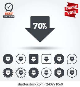 70% sale arrow tag sign icon. Discount symbol. Special offer label. Circle, star, speech bubble and square buttons. Award medal with check mark. Thank you. Vector