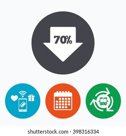 70% sale arrow tag sign icon. Discount symbol. Special offer label. Mobile payments, calendar and wifi icons. Bus shuttle.