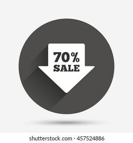 70% sale arrow tag sign icon. Discount symbol. Special offer label. Circle flat button with shadow. Vector