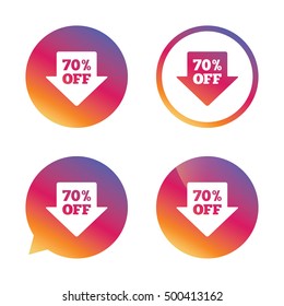 70% sale arrow tag sign icon. Discount symbol. Special offer label. Gradient buttons with flat icon. Speech bubble sign. Vector