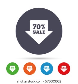 70% sale arrow tag sign icon. Discount symbol. Special offer label. Round colourful buttons with flat icons. Vector