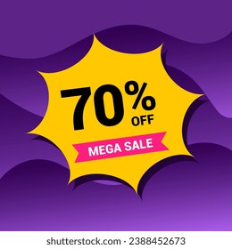 70% sale badge vector illustration on a purple gradient background. Seventy percent price tag. Yellow and purple.
