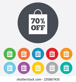 70% sale bag tag sign icon. Discount symbol. Special offer label. Round colourful 11 buttons. Vector