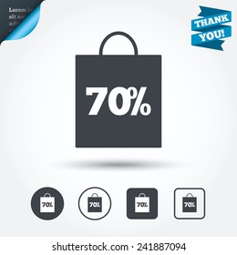 70% sale bag tag sign icon. Discount symbol. Special offer label. Circle and square buttons. Flat design set. Thank you ribbon. Vector