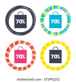 70% sale bag tag sign icon. Discount symbol. Special offer label. Colored buttons with icons. Poker chip concept. Vector