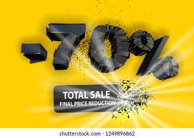 70% sale black sign with exploding plate. Vector illustration. Yellow background